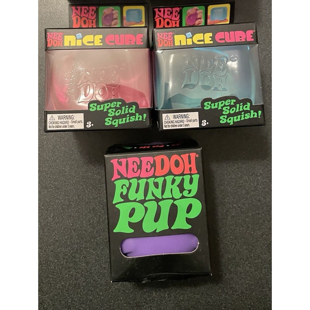 Schylling Authentic Nee Doh Lot of 3 Nice Cube Blue & Pink & 1 Purple Funky Pup